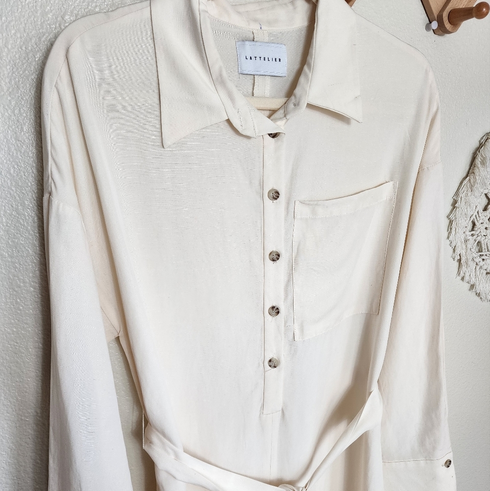 Lattelier Straight Belted Long-Sleeve Jumpsuit In Natural White Womans Small - Picture 5 of 16